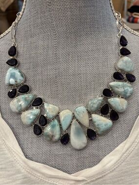 Sterling Silver Larimar and African Amethyst Statement Necklace.
